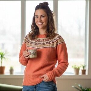 Harley of Scotland Vintage Fair Isle Orange Crew Neck Long Sleeve Sweater